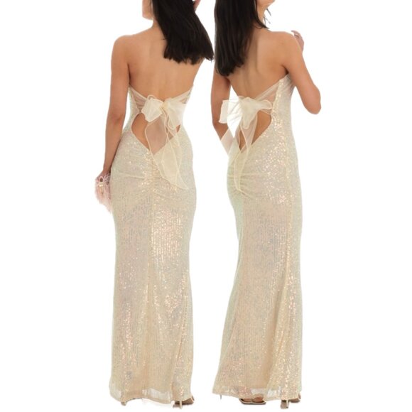 Lucy In The Sky Sequin Strapless Back Bow Maxi Formal Dress (Champagne) - Picture 4 of 16